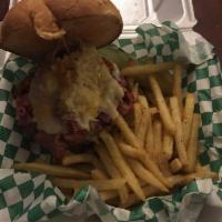 Loaded Irishman Burger · Fresh 1/2 lb. patty stacked with shaved corned beef, sauerkraut, Thousand Island, and Swiss ...