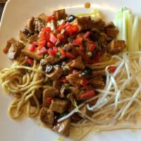 Dan Dan Noodle · Spicy. egg noodles with ground chicken, shitake mushrooms, scallion, bell peppers, and garli...