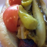 Chicago Dog · Mustard, relish, onions, tomato wedge, pepperoncini and pickle spear.