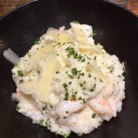 Garlic Shrimp Risotto · White wine garlic cream, green onions, and Parmesan.