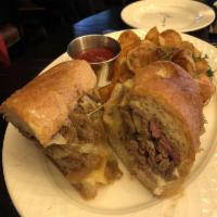 Hanover Steak and Cheese Sandwich · Caramelized onions, gruyere cheese, house-made bbq chips