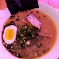 Miso Pork Ramen · Earthy miso broth with pork belly, scallions, bamboo, nori and egg.