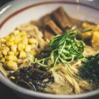 Miso Ramen · Savory white miso broth with cabbage, bamboo shoots, corn, egg and scallions.