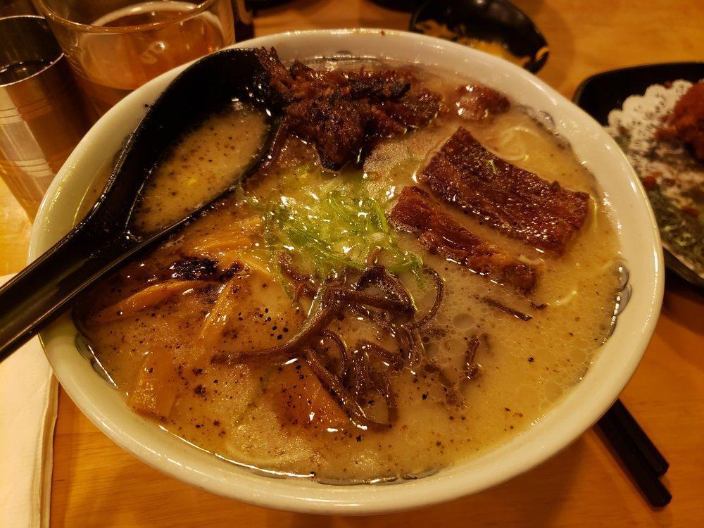 Yama Big Bowl · Big bowl of tonkatsu ramen with braised pork jowl, pork belly, bamboo shoot, corn, wood ear and scallions.