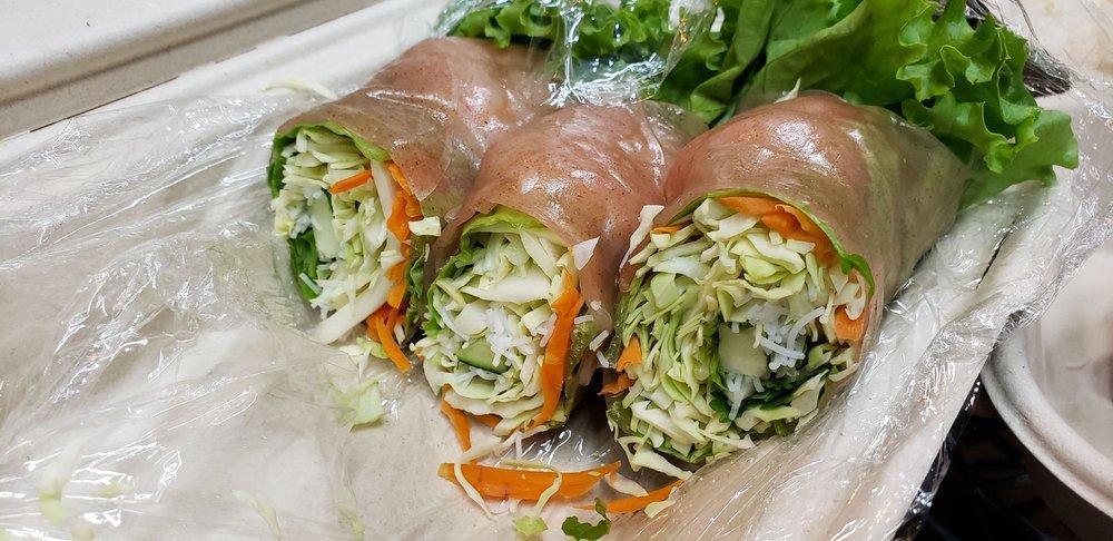 Thai Wraps · 4 pieces. Fresh vegetable rolls with fried tofu or shrimp wrapped with brown rice paper served with sweet tamarind sauce topped with crushed peanuts and peanut sauce.