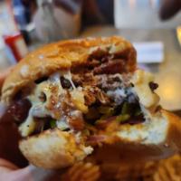 Fiery Bull Burger · 2 juicy Angus beef patties, Two pepper jack cheese slices, jalapeno sausage, bacon, jalapeno...