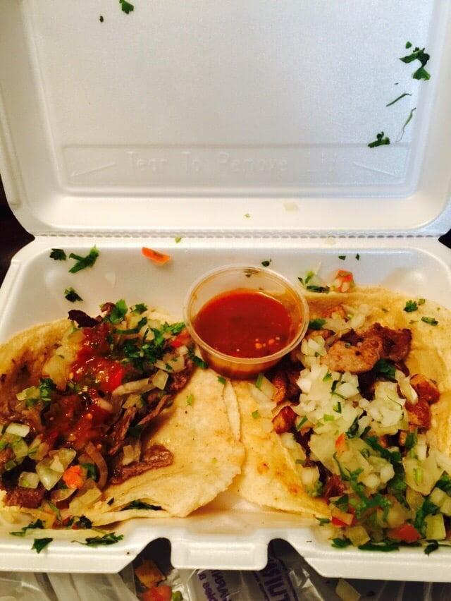 Steak and Onions Taco · Topped with onions and cilantro, lime wedge, radish. Choice of sauce.
