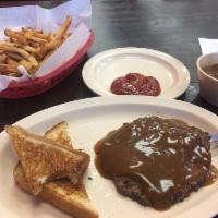 Hamburger Steak ·  Fried onions, and gravy by request. Served with a half order of fries, Texas toast, and you...