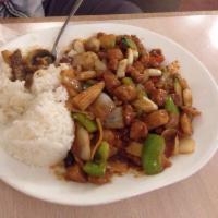 Garlic Chicken · Comes with two scoops of steamed rice. Chicken and vegetables with garlic sauce.