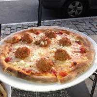 Spicy Meatball Pizza · Tomato sauce, Claudio's ricotta cheese, fontina and red pepper flakes. 
