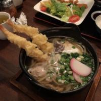 Nabeyaki Udon · Shrimp tempura, shiitake mushroom, egg, chicken and spinach.