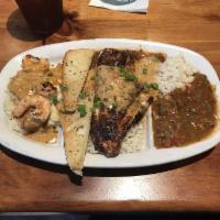 Catfish · Your fish, served grilled or blackened on a bed of white rice or orzo pasta and your choice ...