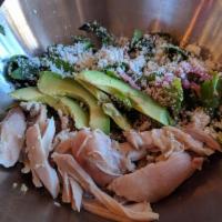 Fresco Bowl · Pulled rotisserie chicken, arugula, shaved carrots, pickled red onion, and sliced avocado.  ...