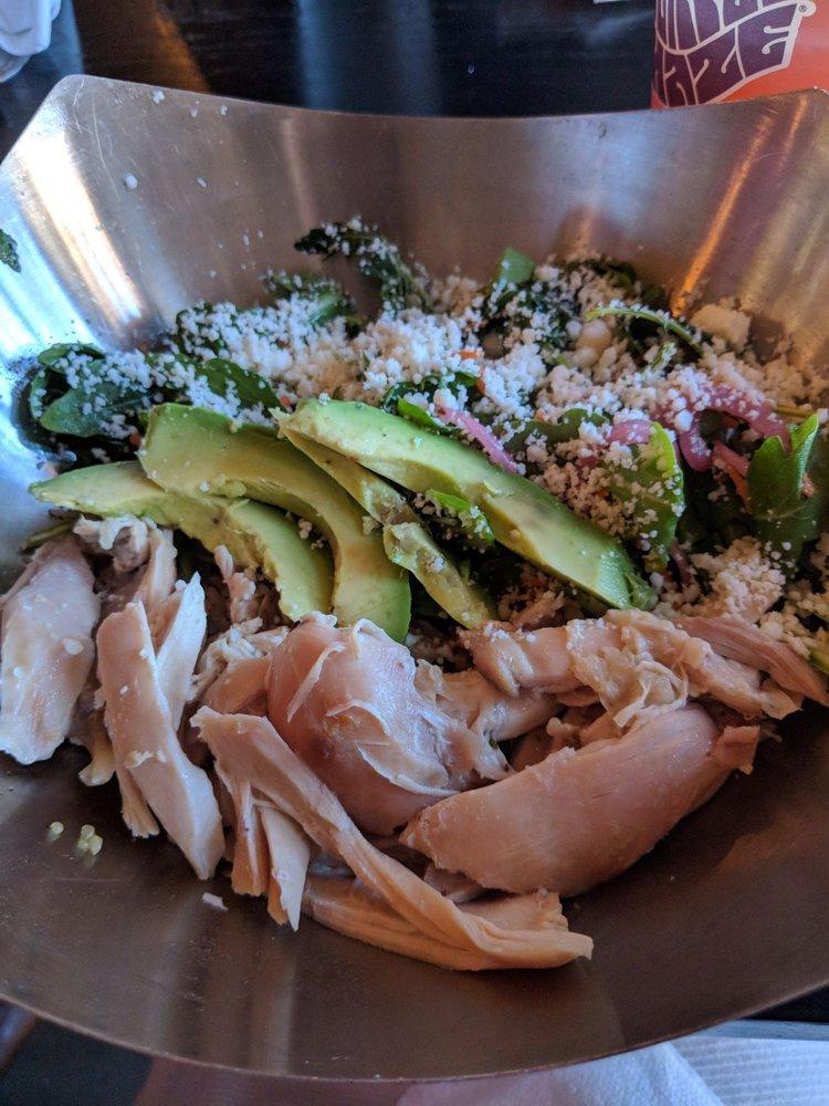 Fresco Bowl · Pulled rotisserie chicken, arugula, shaved carrots, pickled red onion, and sliced avocado.  Served over wild rice and quinoa.  Topped with queso fresco.