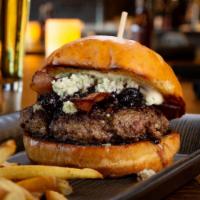 Blueberry Bacon Burger · Blueberry compote, smoked bacon, blue cheese, baby arugula, and house sauce.