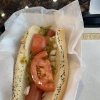 Hot Dog · Trimmings include mustard, onion, relish, tomato, sport peppers, pickles, and celery salt.