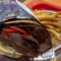 Football Gyros · Served with onions, tomatoes and gyro sauce. Large fries and large drink.