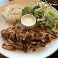 Chicken Gyro Plate · Slow cooked, thin-sliced and marinated chicken.