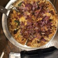 Chicken Coop Pizza · Ranch sauce, baby spinach, chicken, bacon, red onions and Cheddar Jack.