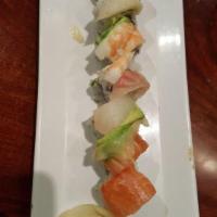 Rainbow Roll · Crab meat, avocado, and cucumber topped with 5 different fish.