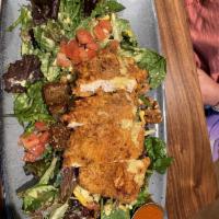 Southern Fried Chicken Salad · Hand-breaded chicken breast on a bed of mixed greens with candied walnuts, housemade indigo ...