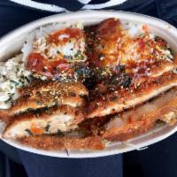 Chicken Katsu · 2 scoops rice, mac salad, and Asian slaw. Chicken breast marinated in buttermilk, spices, pa...
