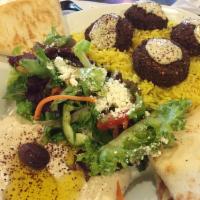 Falafel Plate · A deep-fried patty made from ground chickpeas, onions and various seasonings. Served with ri...