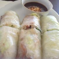 Chicken Spring Rolls · Rice paper wrap, rice noodle, iceberg lettuce, spring mix with peanut sauce or homemade sauc...