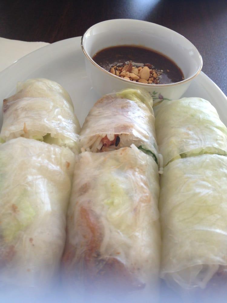 Chicken Spring Rolls · Rice paper wrap, rice noodle, iceberg lettuce, spring mix with peanut sauce or homemade sauce. Choose between - lemongrass chicken, curry chicken or BBQ chicken.