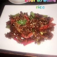 Crispy Thai Beef · Bell peppers and citrus sesame sauce. Contains shellfish.