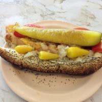 Chicago Dog · Mustard, relish, onion, pickles, tomatoes, sport peppers.