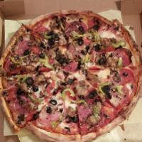 Combination Pizza · Red sauce, salami, pepperoni, ham, bell peppers, olives, mushrooms, and sausage.