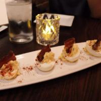 Deviled Eggs with Candied Bacon · 