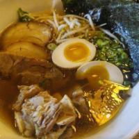 Ohjah House Ramen · Oxtail, beef, chashu, egg, bean sprouts, scallion, seaweed and wood fungus spinach.