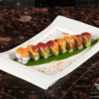 Manhattan Roll · Spicy crabmeat on the inside topped with avocado, tuna and salmon.
