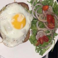 Avocado Toast with Egg · Avocado, feta cheese, parsley and sliced almonds. Topped with sunny side up egg. Side salad ...
