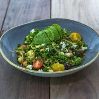 Kale Salad · Crispy kale, tomatoes, quinoa, avocado, red onions, chick peas, feta cheese, cucumber, Kalam...