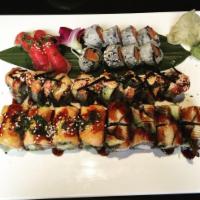Crouching Tiger Roll · Shrimp tempura, crab and tuna inside with spicy yellowtail, avocado, crunch and seaweed flak...