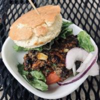 Chipotle Black Bean Burger · Homemade black bean patty formed with chipotle, jalapeno and bell peppers, carrots, corn, oa...