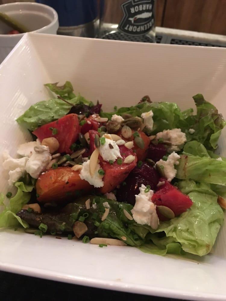 Beets Salad · Romaine, goat cheese, candied walnuts, tomatoes, sherry vinaigrette. Gluten-free.