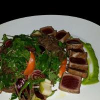 Pan Seared Tuna · Chilled soba noodles, avocado, shaved carrots and beets, Thai vinaigrette. 