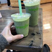 Super Nutrition · Freshly squeezed green juice base (kale, cucumber, celery, lime) blended with banana, chia s...
