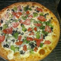 Mediterranean Pizza · No sauce, mozzarella cheese, fresh garlic, feta, black olives, tomatoes, red onions, and bro...