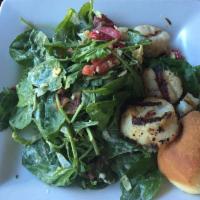 Grilled Sea Scallop Salad · Three large sea scallops, shaved brussels sprouts & fresh baby spinach, strawberries, crumbl...