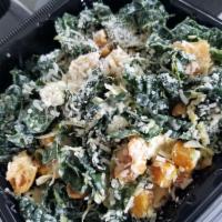 Cesarona Salad · Raw young tuscan kale, shaved Brussels sprouts, butternut squash, pinsa croutons, Parmigiano...