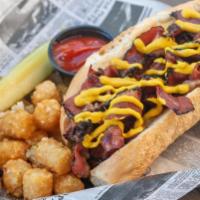 Pastrami Sandwich · Blackened Pastrami, mustard and pickle on French roll.