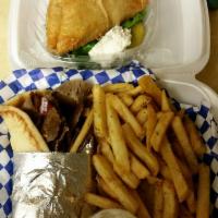 Gyro Sandwich · Warm pita bread topped with gyro meat, tomatoes and red onions. Served with fries, chips, cu...