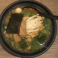 Spicy Miso Noodle Soup · Gluten-free. Spinach, napa cabbage, quail egg, enoki mushroom, sweet corn, white beech mushr...