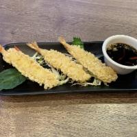 Shrimp Tempura · 3 pieces. Crispy tempura shrimp served with a home made white sesame sauce.