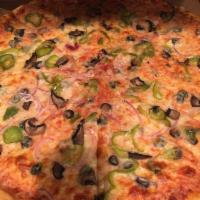 Veggie Pizza · Flippin' pizza sauce, 100% milk mozzarella, green bell pepper, red onion, black olives, slic...